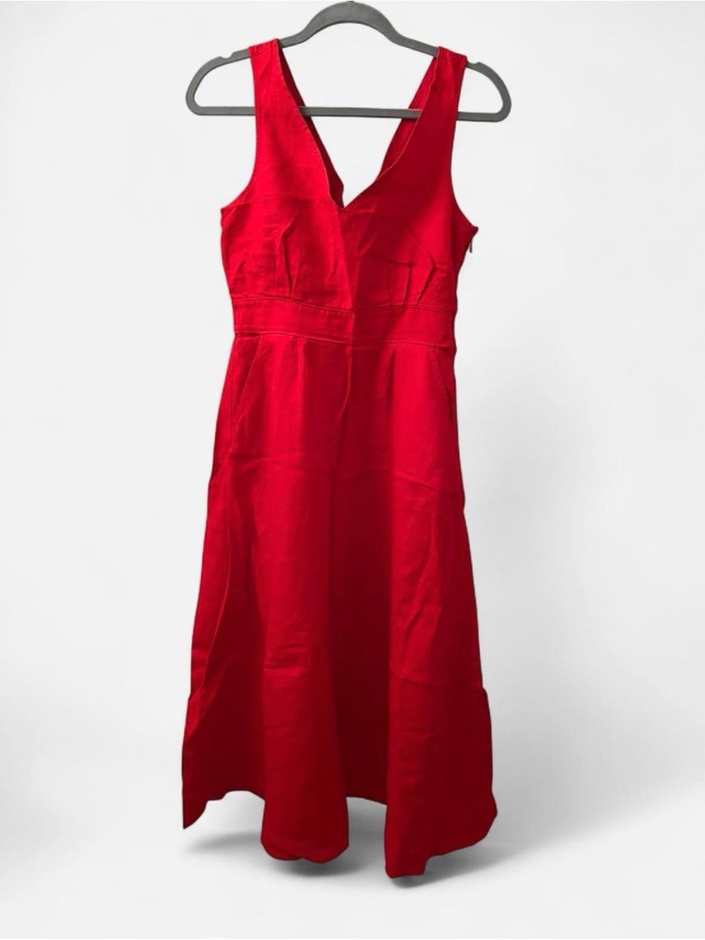 Cynthia Rowley Red V-Neck 100% Linen Midi Dress
